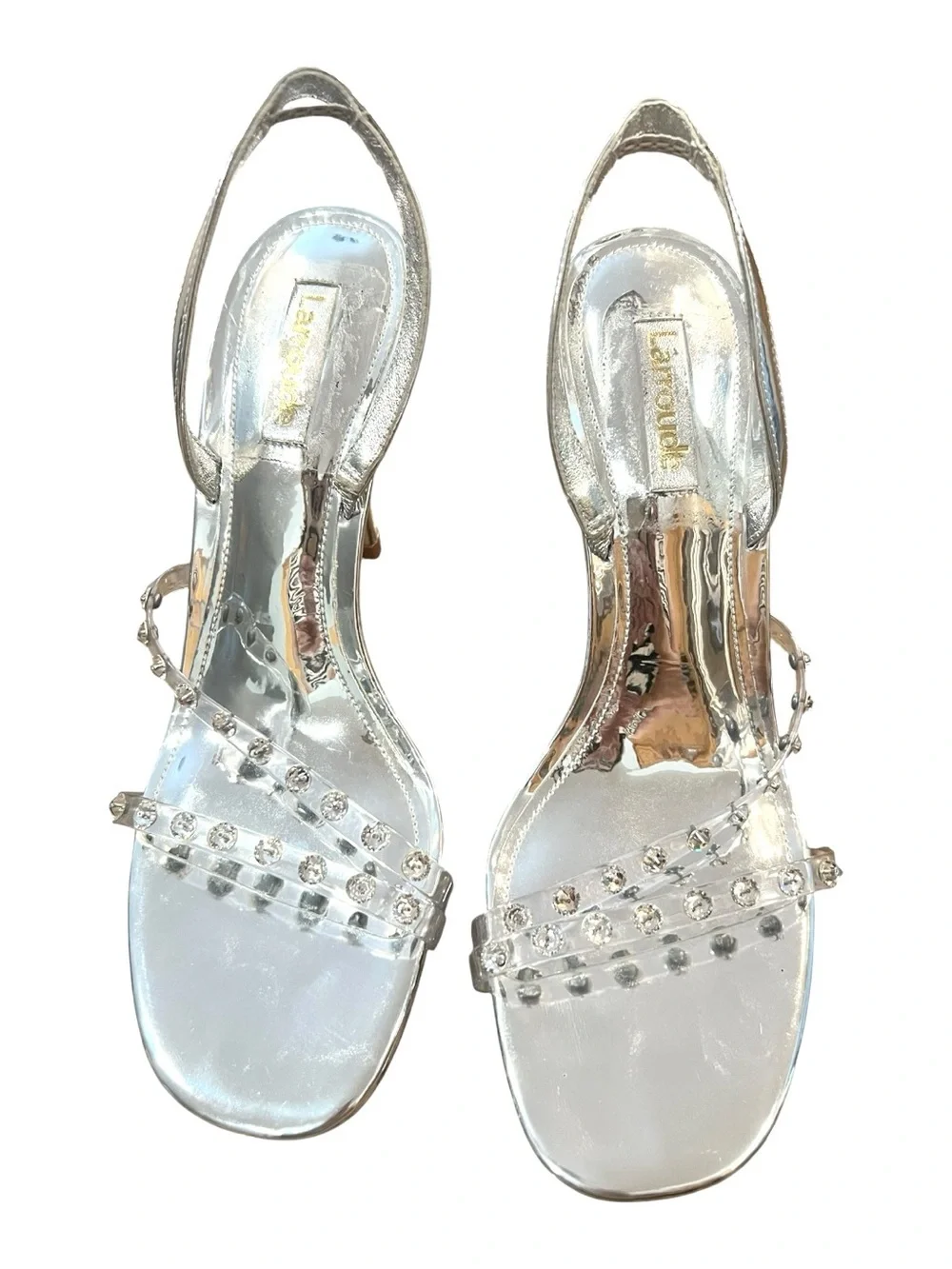 Larroudé Silver Swarovski Crystal Clear Slingback Heels Size 8